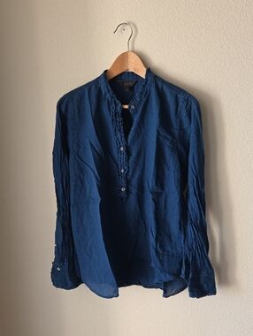 J. Crew Indigo Blue Ruffle Placket Button Down Shirt 100% Cotton Sz 12 Flowy